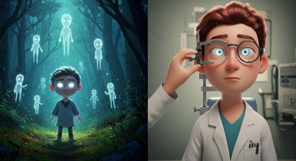 Pixar-style 3D split-screen image contrasting a character with realistic glowing white eyes in a mystical forest against the same character undergoing a medical eye examination.