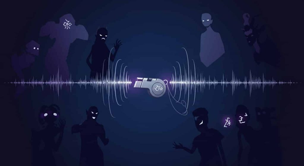 A minimalist vector art piece showing silhouettes of supernatural entities emerging from moonlit shadows, centered around a stylized whistle emitting sound waves that interact with the entities, featuring subtle spiritual symbols.