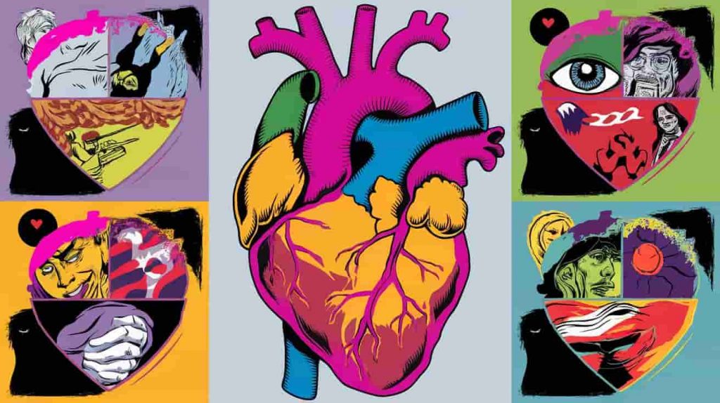 Pop art style image of a heart divided into quadrants, each representing different chest sensations and their symbolic meanings with vibrant colors and bold designs.