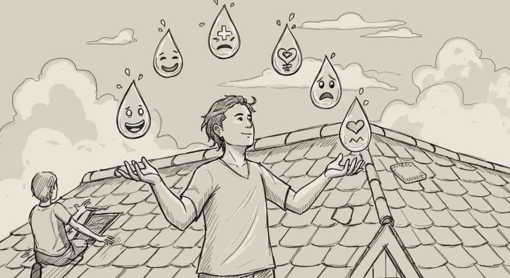 Dynamic doodle sketch of a person juggling water droplets with emotions and healing symbols, against a background of a patched roof, illustrating techniques for emotional healing and balance.