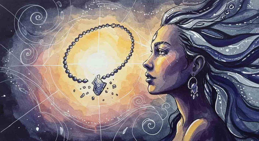 An epic impressionist sketch using watercolor and pen technique creating a beautiful blend of impressionism and minimalism, showing a woman's silhouette with a brightly glowing third eye, contemplating a surreal, broken necklace floating in front of her, set against a backdrop of swirling, abstract patterns, symbolizing the role of intuition.