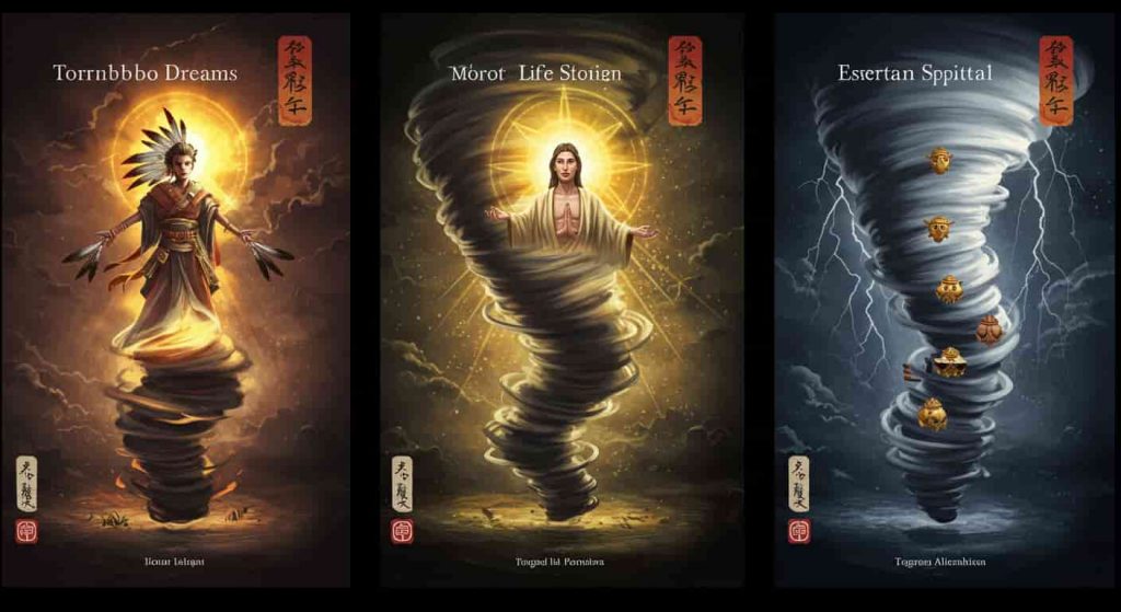 A 3D Ukiyo-e-inspired dark fantasy render divided into three sections showing Native American, Biblical, and Eastern spiritual interpretations of tornado dreams with symbolic elements.