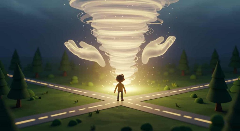 A Pixar-style 3D cartoon depicting a person at a crossroads with an ethereal, hand-shaped tornado in the background, illuminating various paths to symbolize divine guidance in life choices.