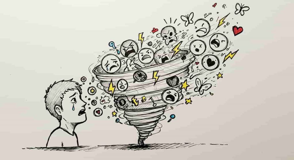 A dynamic doodle sketch showing a person's head transforming into a small tornado, releasing various emotion symbols like tears, lightning bolts, and butterflies, representing emotional catharsis.