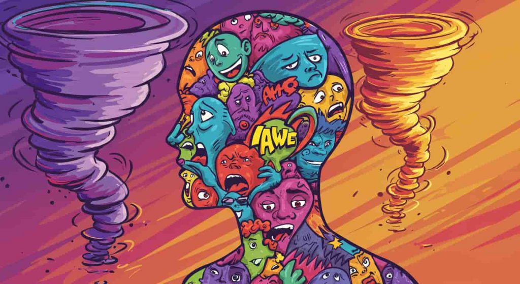 A Peter Max-inspired pop art image of a human silhouette filled with swirling, colorful representations of fear, helplessness, excitement, and awe, illustrating the emotional aspects of tornado dreams.