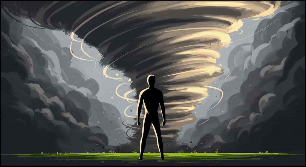 A minimalist pop art painting depicting a bold-lined human figure standing firm against a large, abstract tornado with swirling brush strokes, symbolizing the test of faith and resilience in tornado dreams.