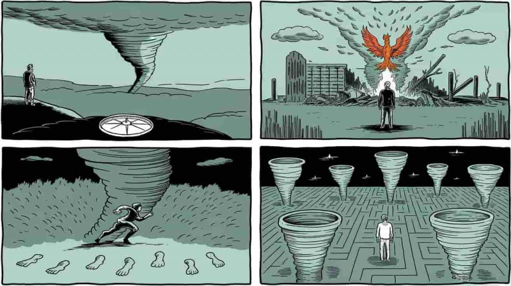 A four-panel comic in editorial style illustrating different tornado dream scenarios with symbolic elements representing their spiritual meanings, including awareness, confronting fears, resilience, and complex challenges.