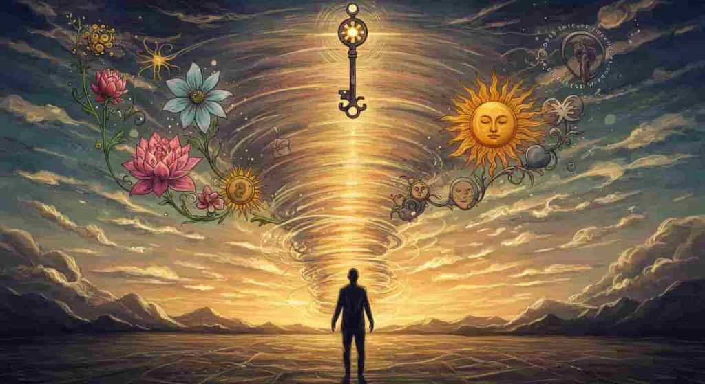 An impressionist watercolor and pen sketch showing a person standing strong in a stylized tornado that transforms into symbols of spiritual growth, including a blooming flower, rising sun, key, and heart.