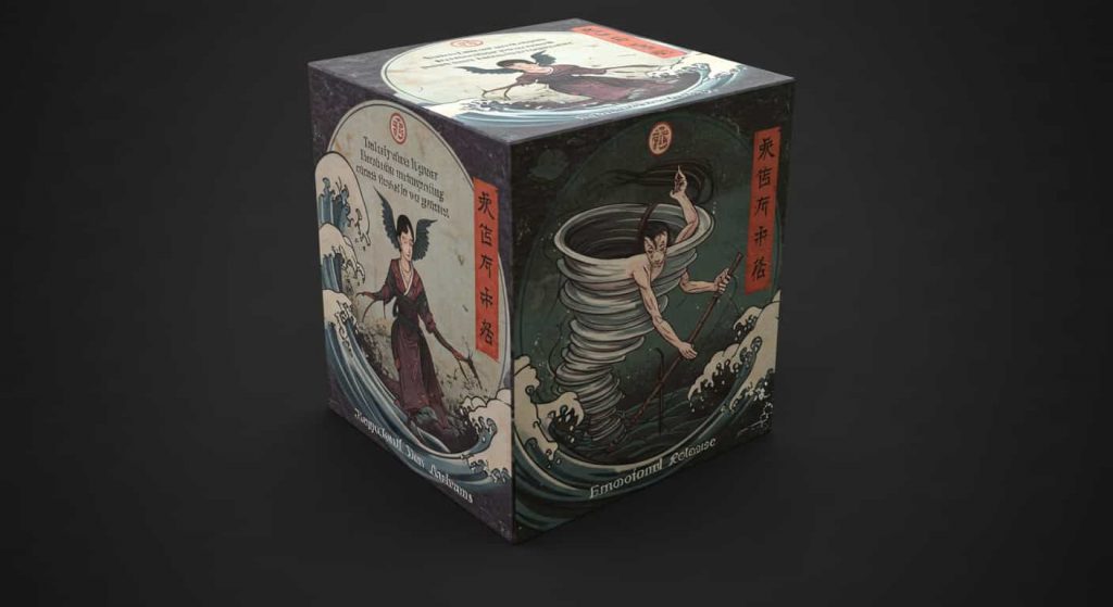 A 3D cube rendering blending Ukiyo-e and dark fantasy styles, depicting divine intervention, emotional release, and spiritual awakening aspects of tornado dreams on its visible faces.