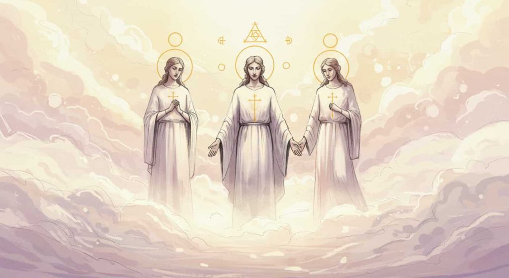 An epic impressionist sketch using watercolor and pen, depicting three figures representing the Christian Trinity, each with a halo featuring the triangle and circle symbol, set in a heavenly landscape, illustrating the concept of trinity and unity.
