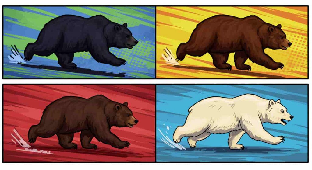 Pop art showing black, brown, and polar bears in chase scenarios, illustrating different types of bear chase dreams and their meanings.