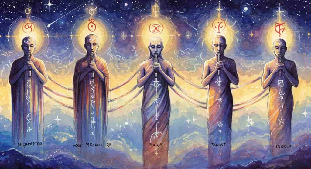 An impressionist watercolor and pen sketch depicting five distinct whistling figures representing different types of spiritual whistles, with varying colors and brush strokes, set against a dreamy night sky with connecting energy wisps.