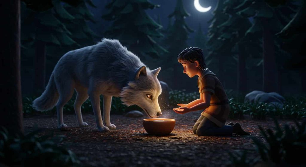 Pixar-style cartoon of a person offering water to a wolf, which leaves a scent mark, symbolizing a connection to animal totems.
