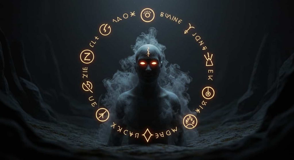 Dark fantasy painting of a figure with glowing eyes dissolving into urine-scented vapor, surrounded by symbols of psychic abilities.