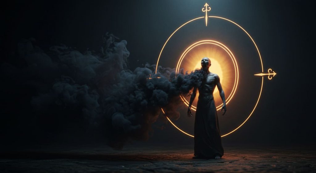 Dark fantasy painting of a figure releasing dark, urine-scented smoke, symbolizing purification and release of negativity.