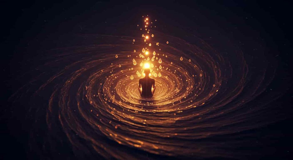 3D artwork of a person meditating amidst a purifying energy vortex, with urine droplets transforming into light, symbolizing spiritual cleansing.