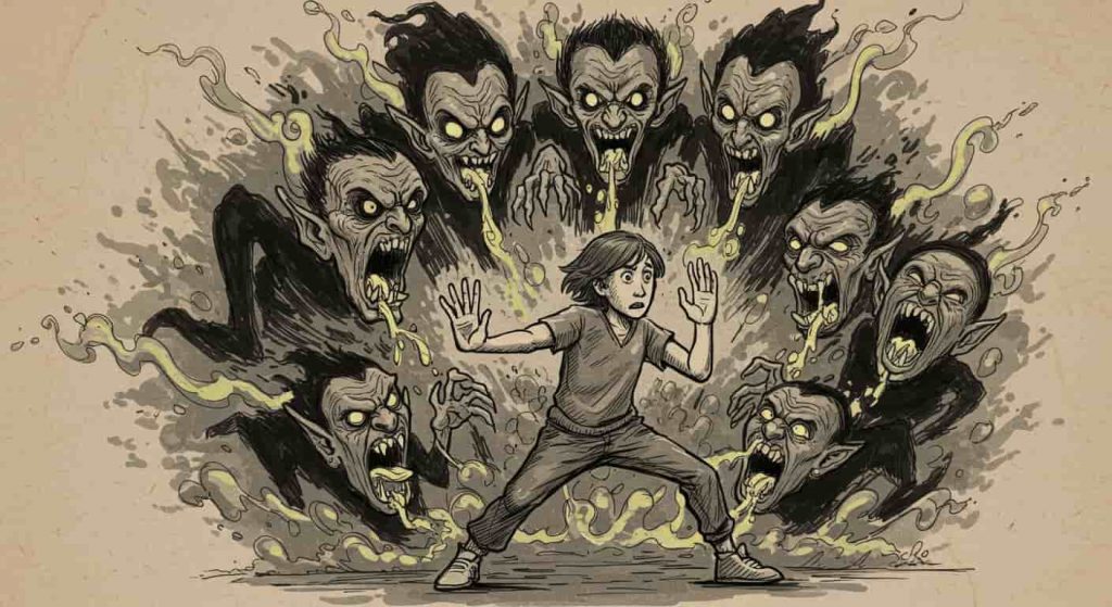 Doodle sketch of a person warding off grotesque figures emitting a foul, urine-like stench, representing toxic influences.