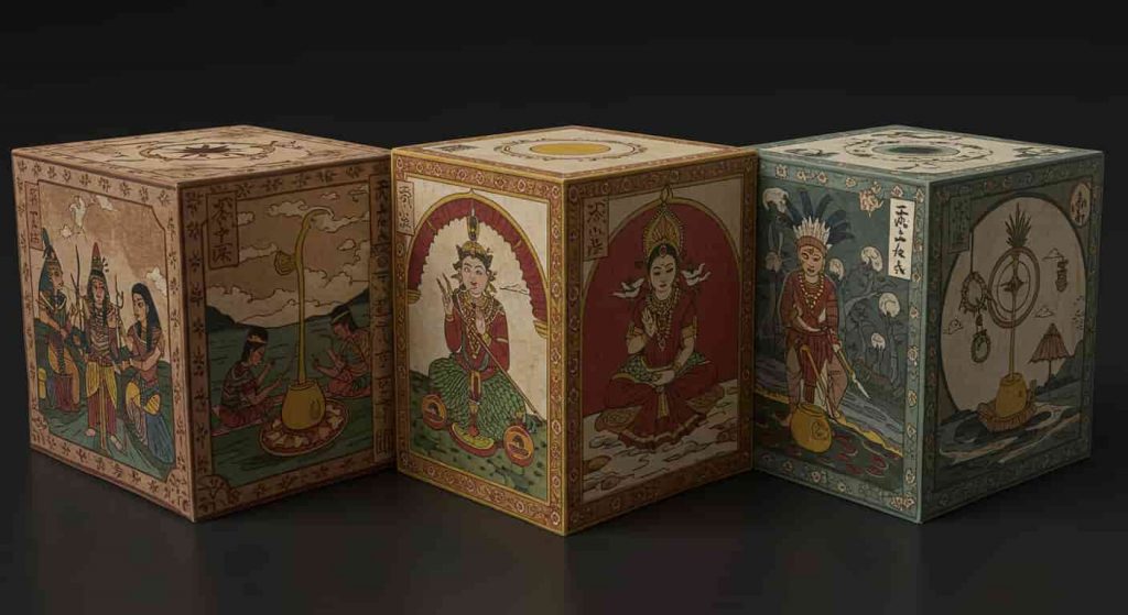 3D rendering of a cube with faces depicting ancient Egyptian, Ayurvedic, and shamanic rituals involving urine, in Ukiyo-e and dark fantasy style.