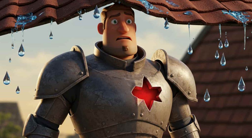 Pixar-style 3D cartoon of a character in armor with a missing chest piece, standing under a leaking roof targeting the vulnerable area, illustrating spiritual vulnerability in dreams.