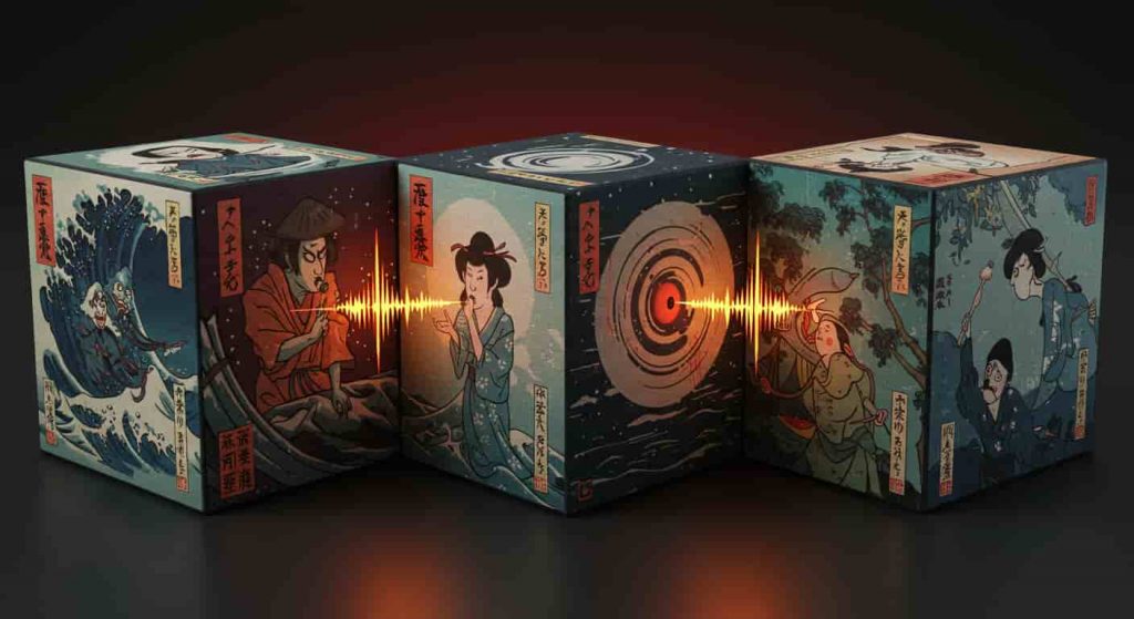 A 3D rendered cube blending Ukiyo-e and dark fantasy styles, depicting three scenes of danger warned by whistling: a natural disaster, spiritual threat, and personal crisis, with sharp sound waves cutting through each scene.
