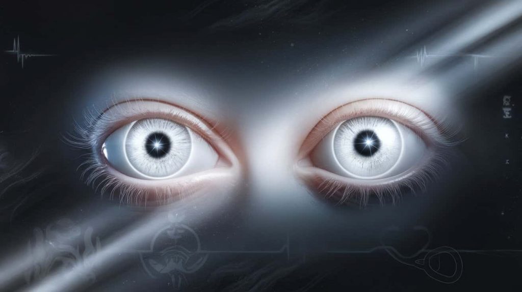 3D rendering of realistic luminous white eyes glowing against a dark background, with faint medical symbols and swirling mist, representing both spiritual significance and medical implications.