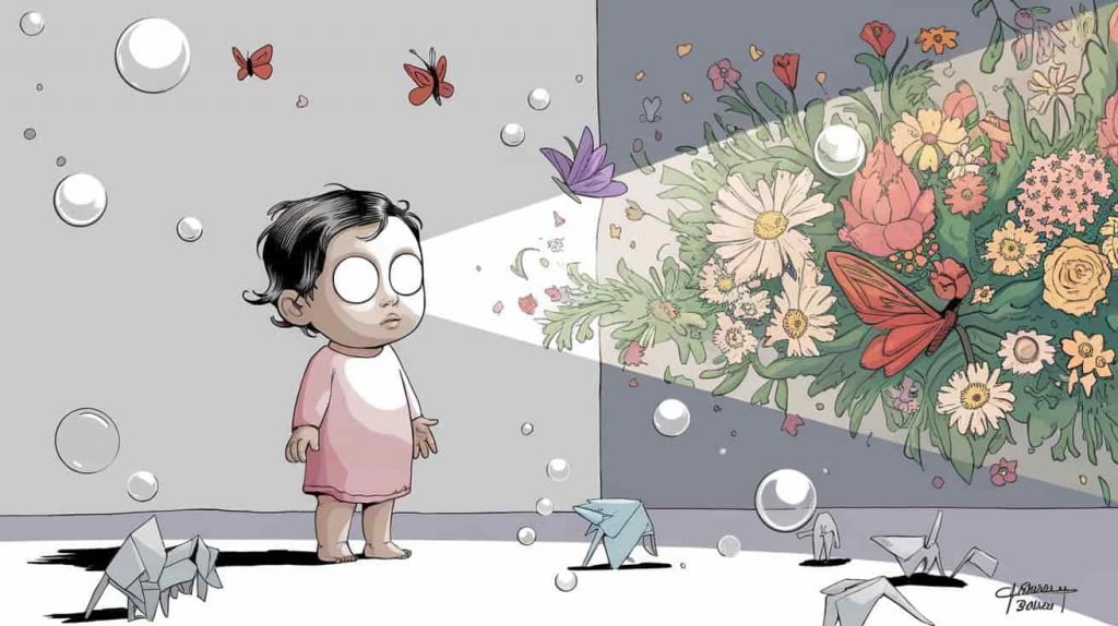 Editorial cartoon of a child-like figure with glowing white eyes transforming a white room into a vibrant garden, symbolizing purity and innocence.