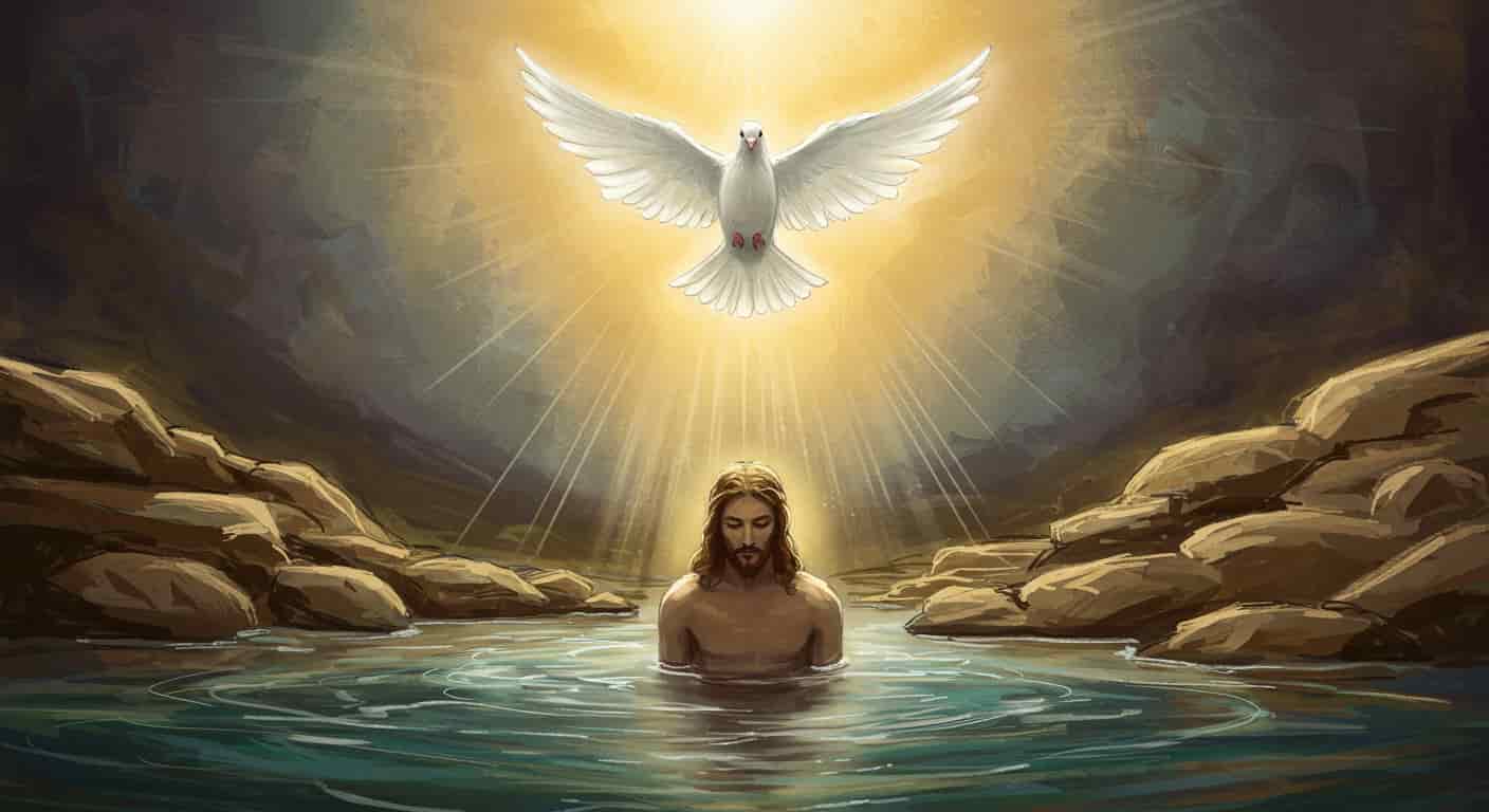 Impressionist watercolor and pen sketch of the Holy Spirit as a dove at Jesus' baptism, symbolizing purity and divine presence in Christian imagery.