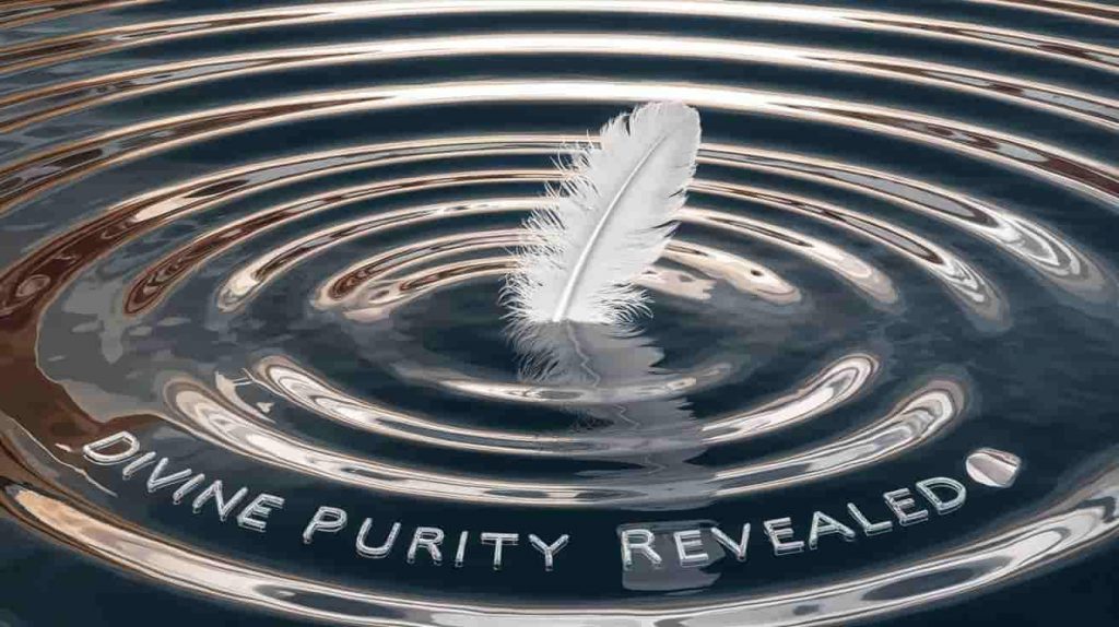 3D ukiyo-e inspired art of a white feather emerging from the River Jordan, symbolizing divine purity in Christian symbolism.