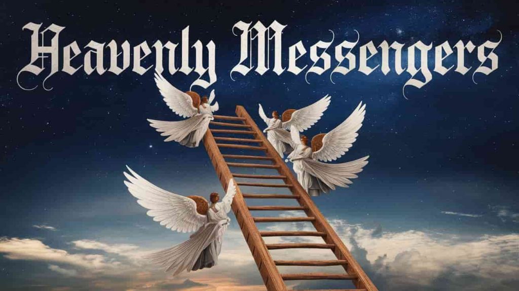 3D rendered Jacob's ladder with Ukiyo-e style angels with white feathered wings, representing the connection between white feathers and angelic presence in Christian belief.