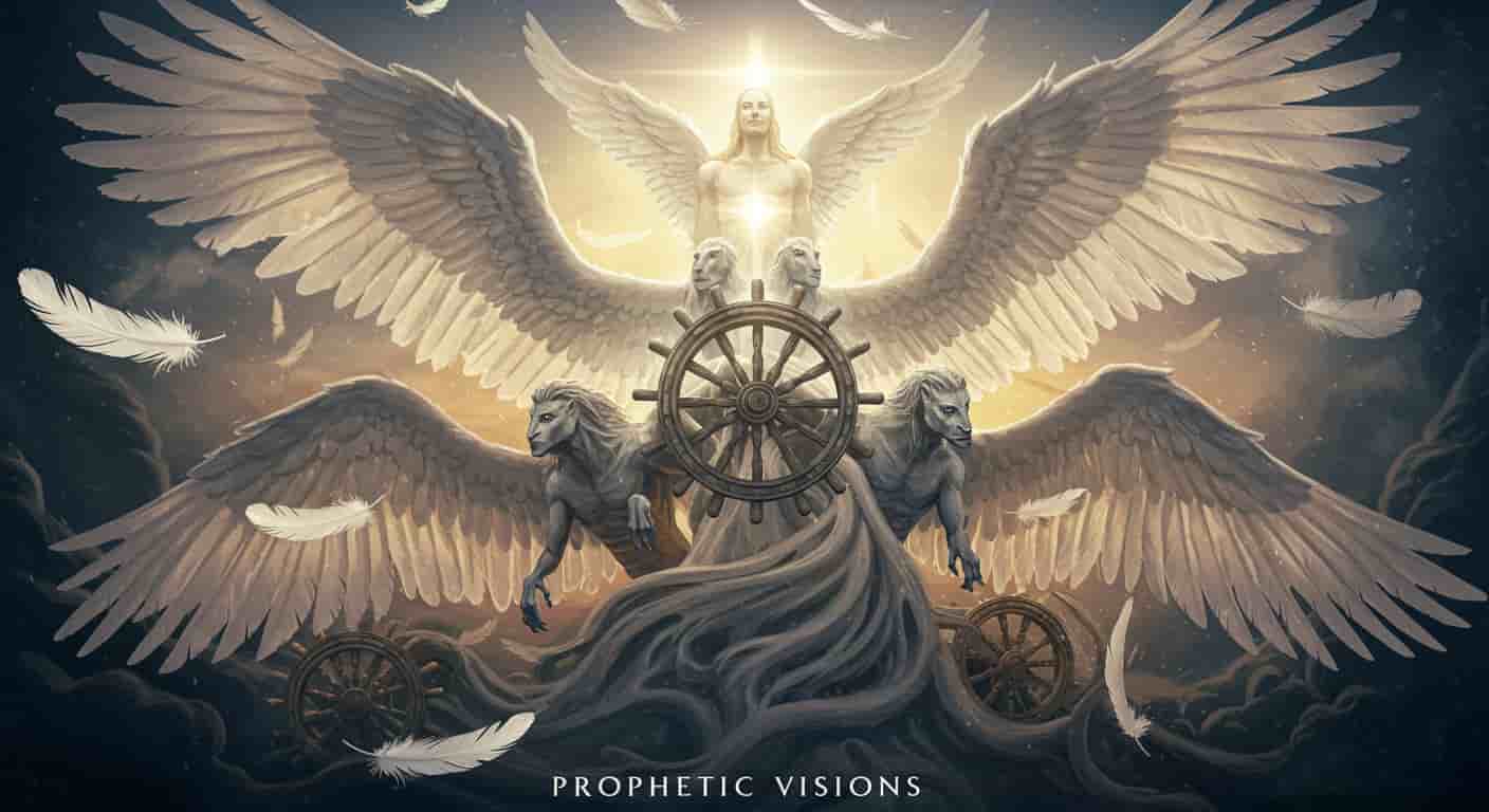 3D render of a Ukiyo-e-inspired painting showing Ezekiel's vision with white feathers and wheels within wheels, representing biblical prophecy and divine revelations.
