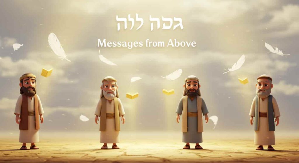 Pixar-style 3D cartoon of biblical prophets receiving divine messages symbolized by white feathers, with golden light suggesting divine intervention.