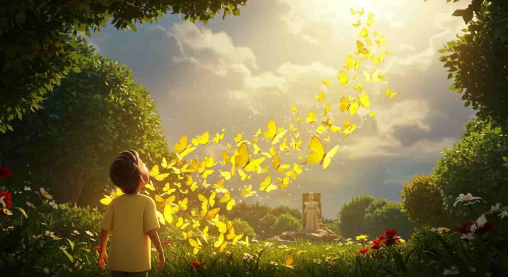 A Pixar-style 3D rendering of a person watching yellow butterflies forming a path to a bright light, symbolizing divine messages and guidance.