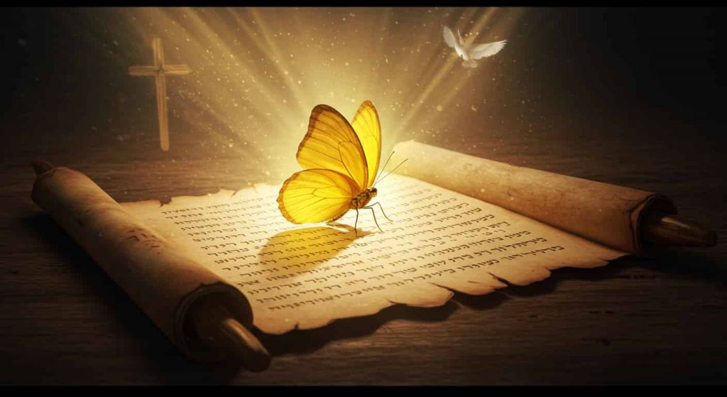 Image of a golden-yellow butterfly on an ancient Hebrew scroll, surrounded by divine light and Christian symbols, illustrating biblical symbolism.