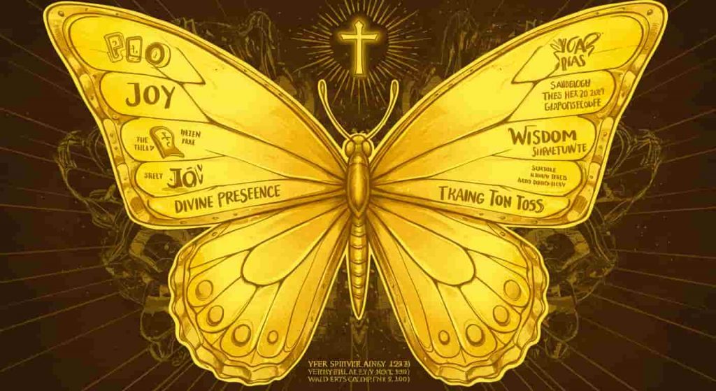 A doodle sketch of a yellow butterfly with wings illustrating joy, divine presence, and wisdom, representing spiritual attributes in biblical symbolism.