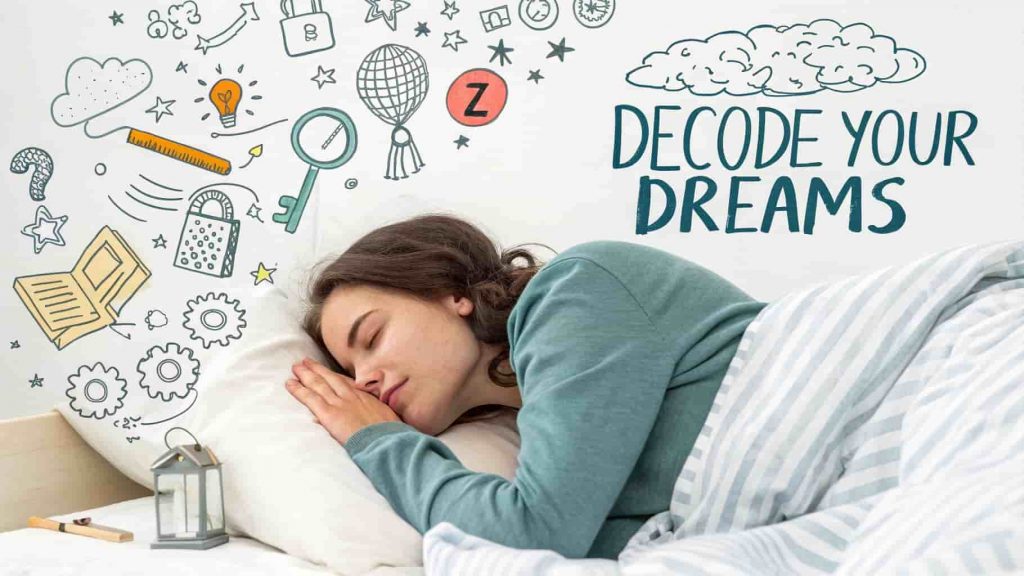A person sleeping with a dream cloud filled with symbols, representing the importance of analyzing dreams to understand waking up gasping for air.