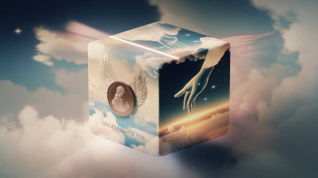 A 3D rendering of a cube with three faces in Ukiyo-e style, depicting nickels with angel wings, a hand reaching from the clouds, and a glowing path, symbolizing the belief that angels use coins as messages.