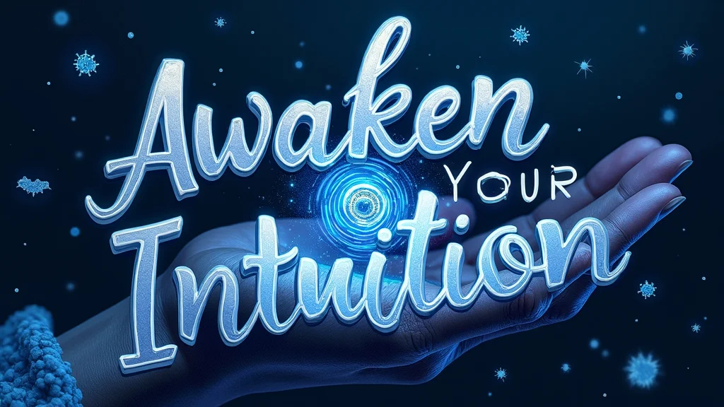 Dark fantasy image for "Intuition & Psychic Awakening" H3 section, featuring a stylized eye opening in a left palm with radiating psychic energy, with "Awaken Your Intuition" in playful deep blue and silver typography, representing inner vision and mystical awakening.
