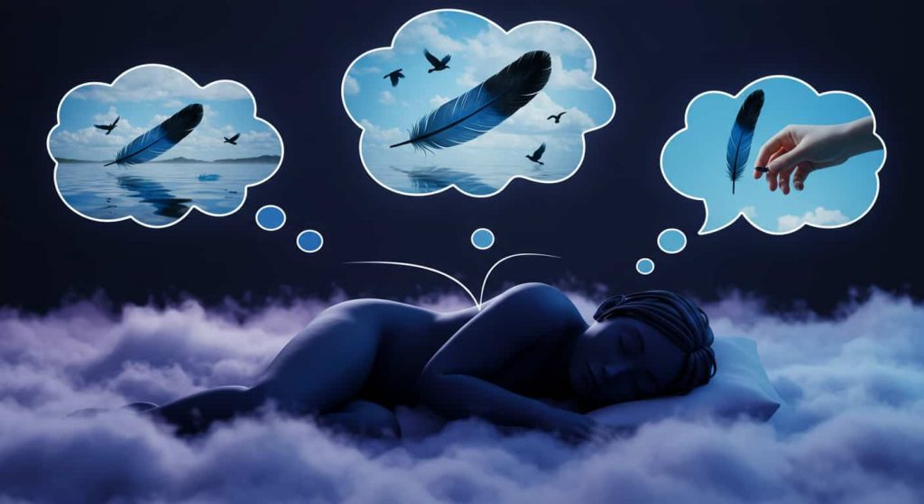 A 3D render of a person sleeping with three thought bubbles above their head, each depicting a different dream scenario involving a black and blue feather: finding the feather, flying with the feather, and receiving the feather as a gift. This symbolizes the varied spiritual interpretations of encountering such a feather in dreams.
