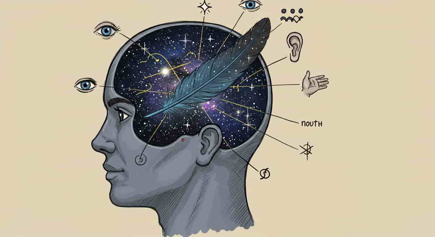 A doodle sketch of a feather inside a person's head, representing the connection between the black and blue feather and the development of intuition, inner knowing, and trusting one's gut feelings.