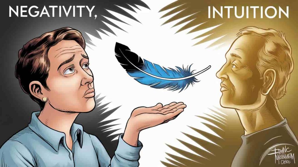 A cartoon depiction of a person receiving a black and blue feather, symbolizing the balance between protection from negativity (represented by a shadowy figure) and the guidance of intuition (represented by a glowing figure).