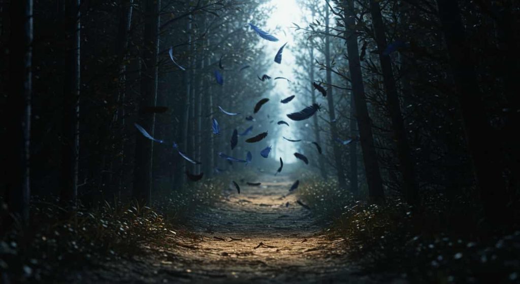 A 3D render of black and blue feathers falling on a path in a dark forest, representing guidance from the spiritual realm and messages from spirit guides or loved ones.