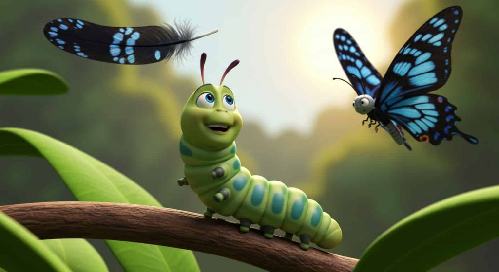 A cartoon depiction of a caterpillar, a black and blue feather, and a butterfly, symbolizing the transformative power and change associated with finding a black and blue feather.