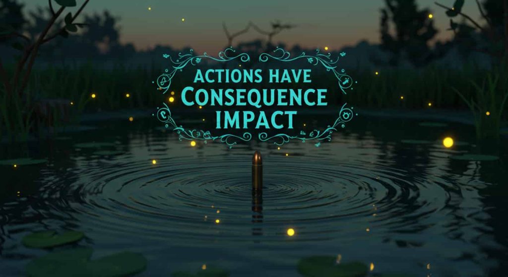 Reflective Pixar-style 3D cartoon: "Actions Have Consequence Impact" in small, reflective typography; bullet impact on pond, ripples morphing into flowers and thorns, water reflection in misty twilight with fireflies, soft somber visual metaphor of consequence.