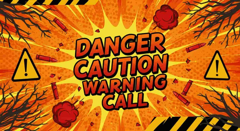 Alarming pop art image in Peter Max style: "Danger Caution Warning Call" in small, bold typography; red bullets amidst black/gray shards and skull/crossbones, dynamic explosive pop art composition, stark contrasting colors, conveying urgent warning.