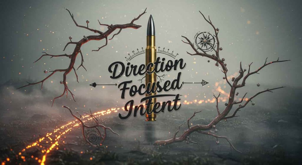 Purposeful 3D artwork: "Direction Focused Intent" in small, clear typography; polished bullet as central compass needle pointing forward in misty star expanse, glowing path of runes, framed by branch circles, somber palette with focused light.