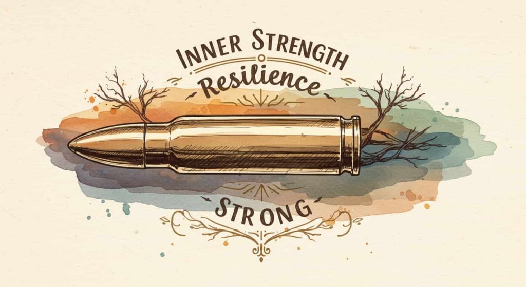 Resilient impressionist watercolor sketch: "Inner Strength Resilience Strong" in small, grounded typography; bright bullet core resisting dark watercolor layers of pressure, misty textured background, somber palette, central light point, symbolizing enduring fortitude.