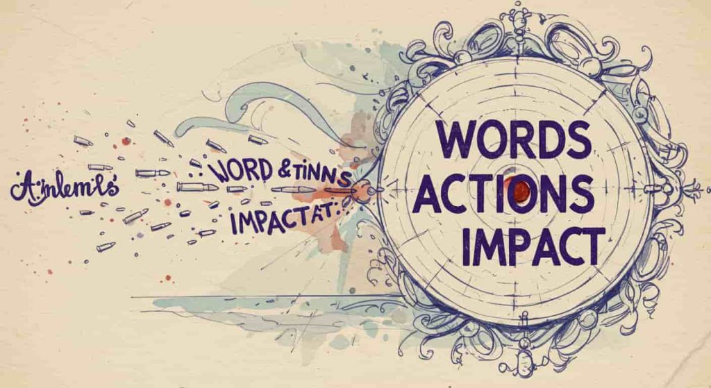 Epic impressionist watercolor sketch: "Words Actions Impact" in small, reflective typography; visual metaphor of script-bullets impacting solid forms, symbolic scales and flowing lines on a misty neutral background, muted somber palette, emphasizing weighty impact.