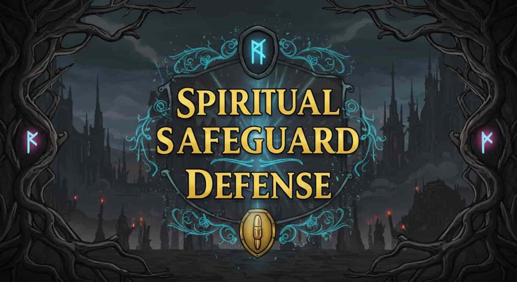 Cartoon comic: "Spiritual Safeguard Defense" in small, bold typography; bullet as shield deflecting shadowy arrows and dark energy in misty gothic cityscape, glowing runes, stylized somber action-comic style, conveying spiritual defense.