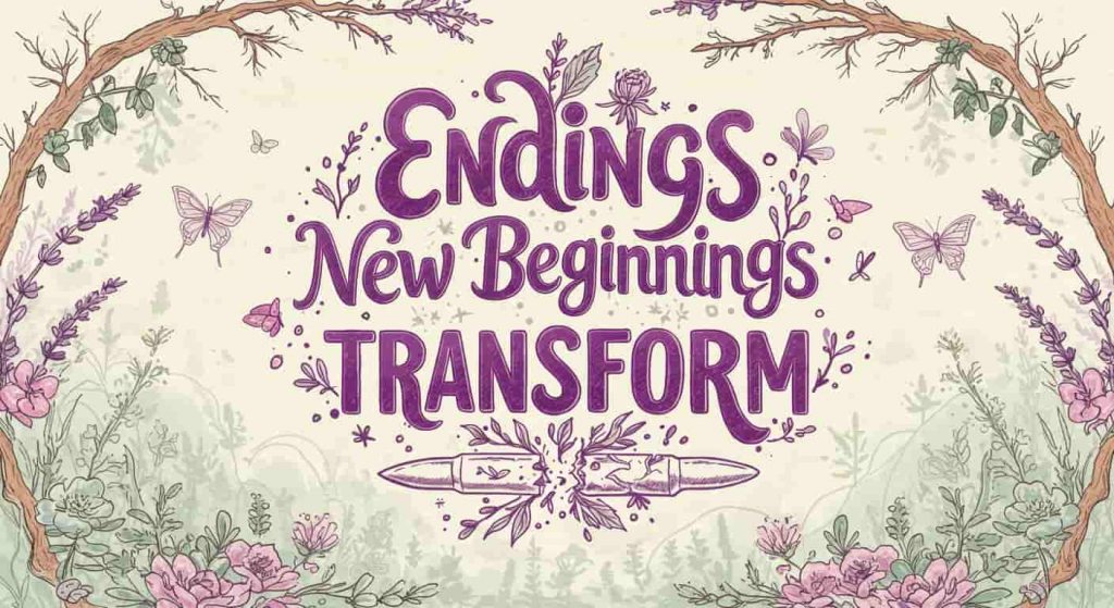 Transformative doodle sketch: "Endings New Beginnings Transform" in small, dynamic typography; bullet breaking into butterflies and flowers, swirling lines and floral doodles, misty moonlit garden, dark-to-vibrant color transition, symbolizing dynamic renewal.