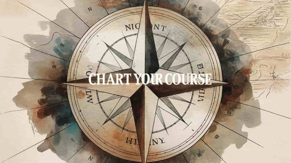An impressionist watercolor and pen sketch of a compass rose with a four-pointed star at its center, aligned with north, south, east, and west on a textured map.